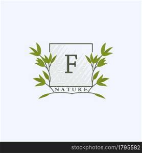 Green eco letters F logo with leaves in square shape. Initials with botanical elements with floral letter design for business identity