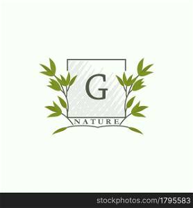 Green eco letters G logo with leaves in square shape. Initials with botanical elements with floral letter design for business identity