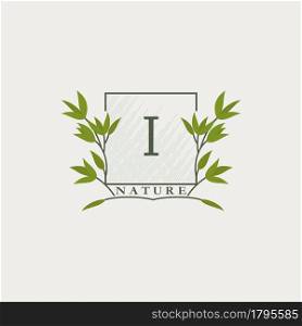 Green eco letters I logo with leaves in square shape. Initials with botanical elements with floral letter design for business identity