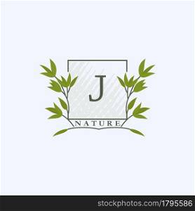 Green eco letters J logo with leaves in square shape. Initials with botanical elements with floral letter design for business identity