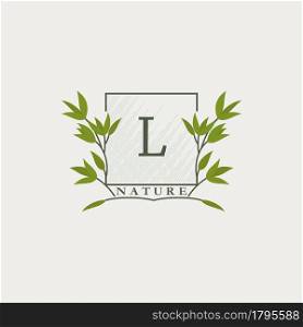 Green eco letters L logo with leaves in square shape. Initials with botanical elements with floral letter design for business identity