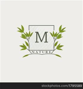 Green eco letters M logo with leaves in square shape. Initials with botanical elements with floral letter design for business identity