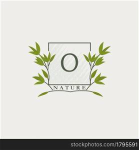 Green eco letters O logo with leaves in square shape. Initials with botanical elements with floral letter design for business identity