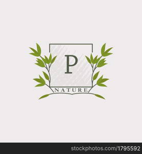 Green eco letters P logo with leaves in square shape. Initials with botanical elements with floral letter design for business identity