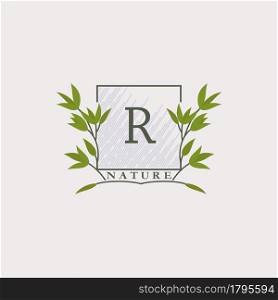 Green eco letters R logo with leaves in square shape. Initials with botanical elements with floral letter design for business identity