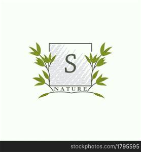 Green eco letters S logo with leaves in square shape. Initials with botanical elements with floral letter design for business identity