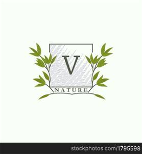 Green eco letters V logo with leaves in square shape. Initials with botanical elements with floral letter design for business identity