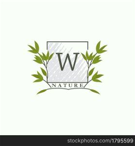Green eco letters W logo with leaves in square shape. Initials with botanical elements with floral letter design for business identity