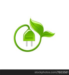Green eco power plug with leaf isolated logo. Vector save energy symbol of electricity, protect ecology. Save energy logo plug and leaf