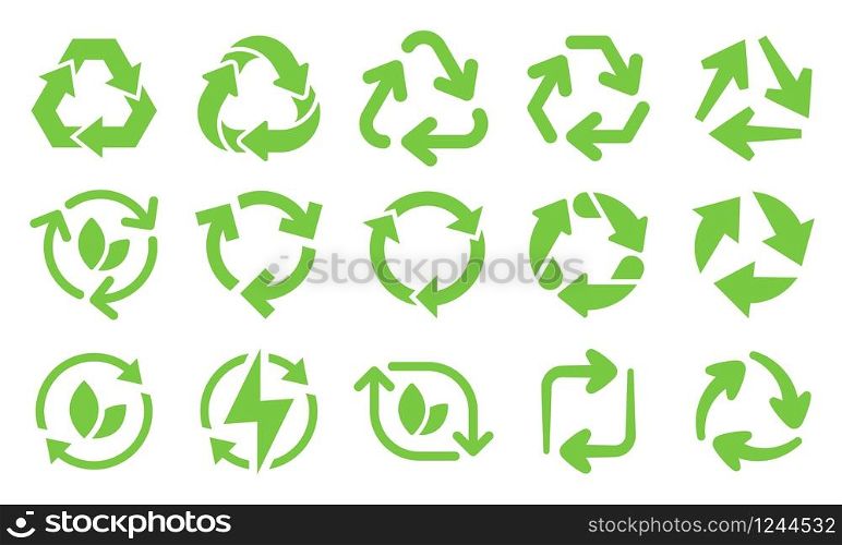Green eco recycle arrows icons. Reload arrows, recyclable trash and ecological bio recycling icon vector set. recycling energy and environment protection symbols for product packing. Green eco recycle arrows icons. Reload arrows, recyclable trash and ecological bio recycling icon vector set