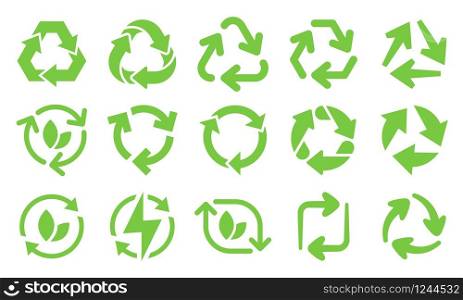 Green eco recycle arrows icons. Reload arrows, recyclable trash and ecological bio recycling icon vector set. recycling energy and environment protection symbols for product packing. Green eco recycle arrows icons. Reload arrows, recyclable trash and ecological bio recycling icon vector set