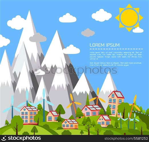 Green eco world concept poster with mountain village and windmills vector illustration