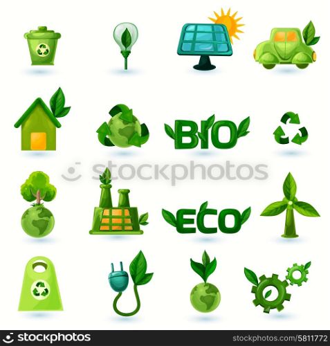 Green Ecology Icons Set. Green ecology and alternative energy with leafs icons set isolated vector illustration