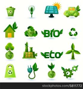 Green Ecology Icons Set. Green ecology and alternative energy with leafs icons set isolated vector illustration