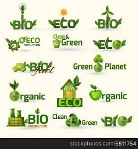 Green Ecology Text Icons Set. Green ecology and bio text with leafs badges set isolated vector illustration