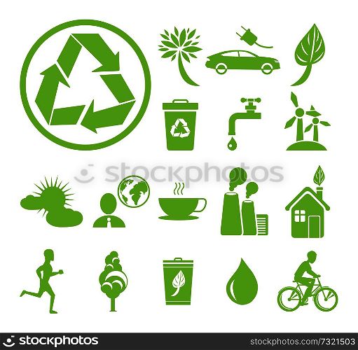 Green ecology themed signs vector illustrations set. Big recycling symbol, alternative energy, stop pollution and save water.. Green Ecology and Earth Protection Themed Signs