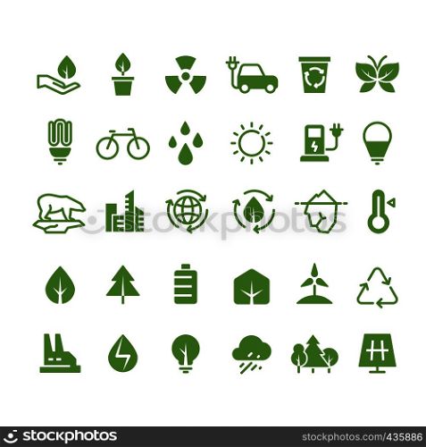 Green ecology vector icons. Clean environment, recycling process and renewable energy pictograms. Green energy, ecology and environment illustration. Green ecology vector icons. Clean environment, recycling process and renewable energy pictograms