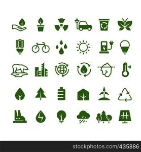 Green ecology vector icons. Clean environment, recycling process and renewable energy pictograms. Green energy, ecology and environment illustration. Green ecology vector icons. Clean environment, recycling process and renewable energy pictograms