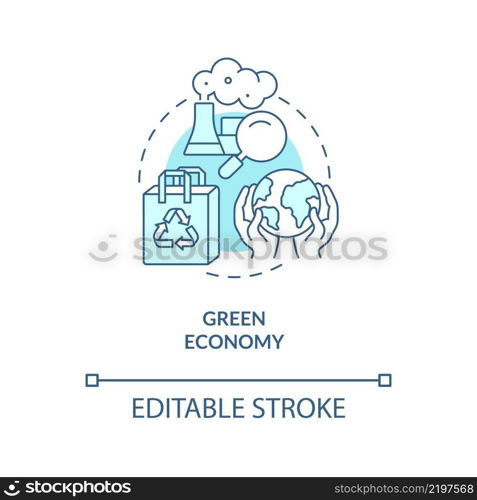 Green economy turquoise concept icon. Reduce environmental damage. Economy models abstract idea thin line illustration. Isolated outline drawing. Editable stroke. Arial, Myriad Pro-Bold fonts used. Green economy turquoise concept icon