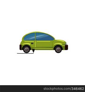 Green electric car icon in cartoon style on a white background. Green electric car icon, cartoon style