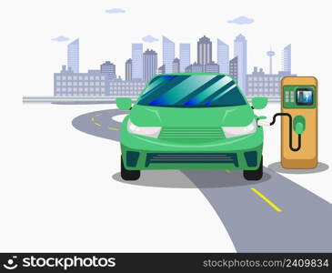 Green Electric car on the charging station, charging equipment and auto with a green percent sign, with on city street skyline, EV battery cars plugin and receive electricity from renewable energy.