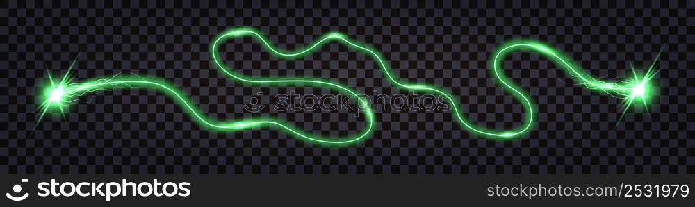 Green electric swirl wave, lightning thunder bolt, impulse discharge with shock light effect, wire cable isolated. shiny green trail, cyber technology design element. vector illustration