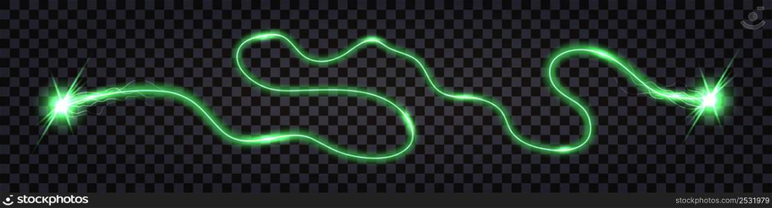 Green electric swirl wave, lightning thunder bolt, impulse discharge with shock light effect, wire cable isolated. shiny green trail, cyber technology design element. vector illustration