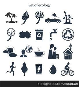 Green energy and ecology icon set in black color on white background. Green energy and ecology icon set