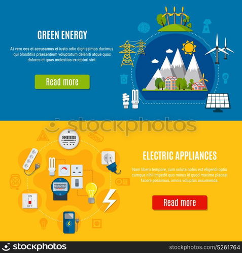 Green Energy And Electric Appliances Banners. Horizontal flat banners with green energy and electric appliances on blue and yellow background isolated vector illustration