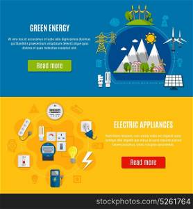 Green Energy And Electric Appliances Banners. Horizontal flat banners with green energy and electric appliances on blue and yellow background isolated vector illustration