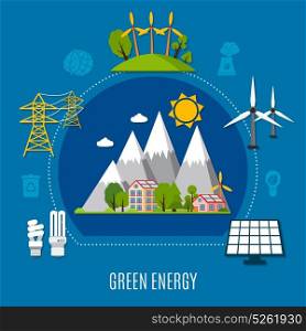 Green Energy Composition. Green energy composition with house in mountains with solar batteries, windmill on blue background flat vector illustration