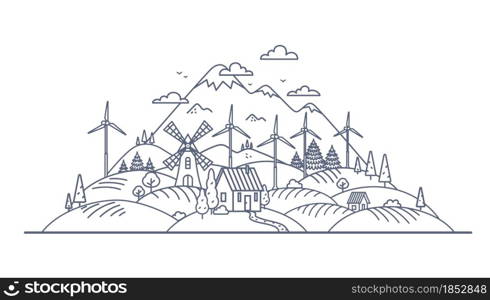 Green energy concept thin line vector illustration. Windmill and solar energy as an alternative electricity resource for a farm. Outline style vector illustration on white background. Green energy concept thin line vector illustration. Windmill and solar energy as an alternative electricity resource for a farm. Outline style vector illustration on white background.