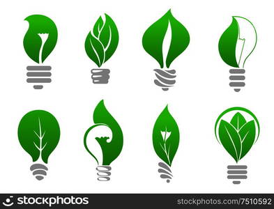 Green energy eco light bulbs icons of stylized lamps with fresh leaves inside, for ecology or energy saving themes design. Save energy light bulb icons with green leaves