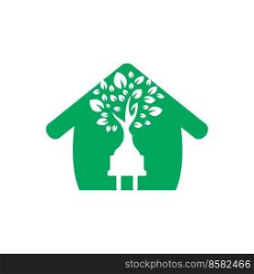 Green energy electricity logo concept. Electric plug icon with tree and home. 