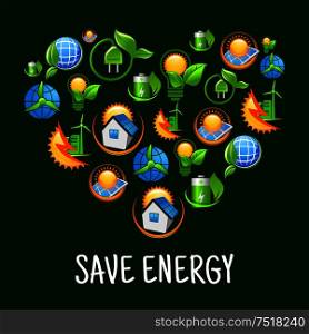 Green energy heart symbol with pattern of light bulbs with leaves, suns, solar panels and wind turbines, green plants with plugs, batteries and earth globes, smart houses and wind energy farms icons. Eco heart with icons of save energy, green power