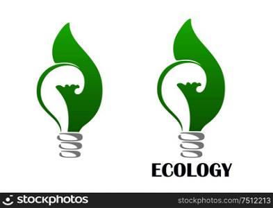Green energy light bulb abstract icon with lamp wrapped by leaves, isolated on white background with caption Ecology. Green energy light bulb with leaf icon