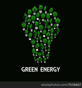 Green energy light bulb symbol made up of eco lamps with green leaves and plants. Saving energy and ecology themes design. Light bulb symbol made up of eco lamps with leaves