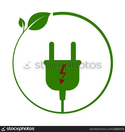 Green energy, logo with electric plug and branch with leaves, pattern for design or decoration, flat design