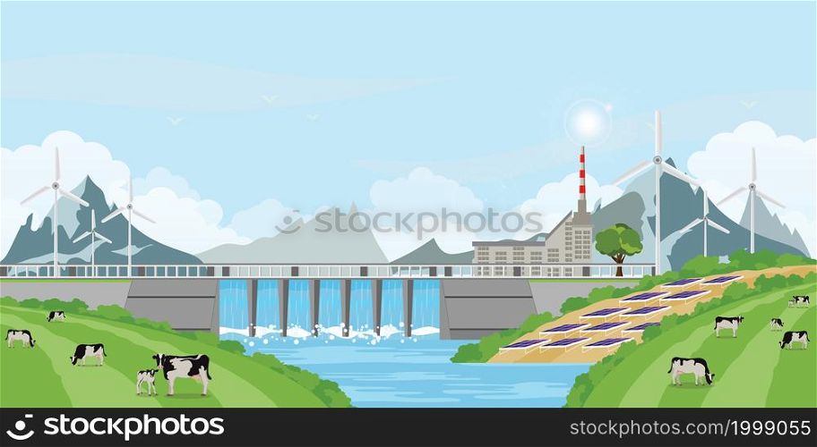 Green energy renewable solar panel plant electric power water in a dam, Renewable energy such as solar power and wind power. Ecology concept vector illustration.