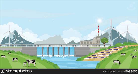 Green energy renewable solar panel plant electric power water in a dam, Renewable energy such as solar power and wind power. Ecology concept vector illustration.
