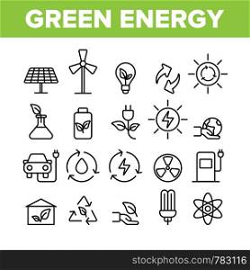 Green Energy Sources Vector Linear Icons Set. Alternative Eco Energy Outline Symbols Pack. Ecology And Environment Friendly Electric Power Isolated Contour Illustrations. Solar Panel, Windmill. Green Energy Sources Vector Linear Icons Set