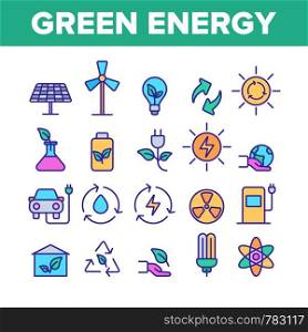 Green Energy Sources Vector Linear Icons Set. Alternative Eco Energy Outline Symbols Pack. Ecology And Environment Friendly Electric Power Isolated Contour Illustrations. Solar Panel, Windmill. Green Energy Sources Vector Linear Icons Set