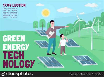 Green energy technology banner flat vector template. Using alternative clean power sources. Brochure, poster concept design with cartoon characters. Horizontal flyer, leaflet with place for text