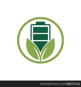 Green energy vector logo design. Green leaf and battery sign. Eco battery sign.	