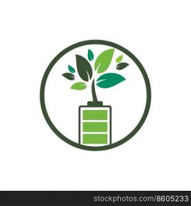 Green energy vector logo design. Green plant and battery sign. Eco battery sign.	