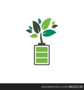 Green energy vector logo design. Green plant and battery sign. Eco battery sign.	