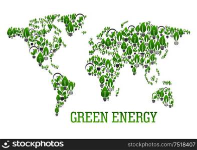Green energy world map symbol of energy saving light bulbs with leaves and sprouts of green plants composing a silhouette of the surface of the Earth. Ecology and energy saving themes design. Green world map symbol with light bulbs