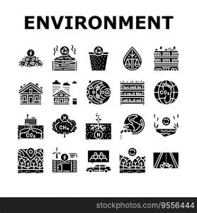green environment earth nature icons set vector. eco recycle, world save, ecology plant, environmental engineer, planet global day green environment earth nature glyph pictogram Illustrations. green environment earth nature icons set vector