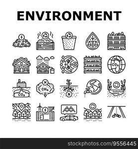 green environment earth nature icons set vector. eco recycle, world save, ecology plant, environmental engineer, planet global day green environment earth nature black contour illustrations. green environment earth nature icons set vector