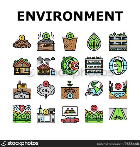 green environment earth nature icons set vector. eco recycle, world save, ecology plant, environmental engineer, planet global day green environment earth nature color line illustrations. green environment earth nature icons set vector